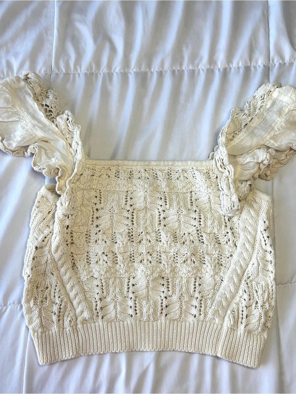 Anthropologie Cream Off-the-Shoulder Lace-Trim Knit Sweater